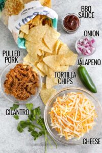 saus bbq, bawang bombay, jalapeno, keripik tortilla, daging babi tarik, daun ketumbar, dan keju diberi label untuk membuat Nacho Babi Tarik