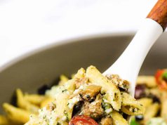 Eggplant Pasta with Ricotta Pesto and Olives