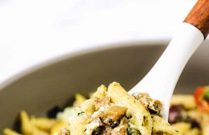 Eggplant Pasta with Ricotta Pesto and Olives